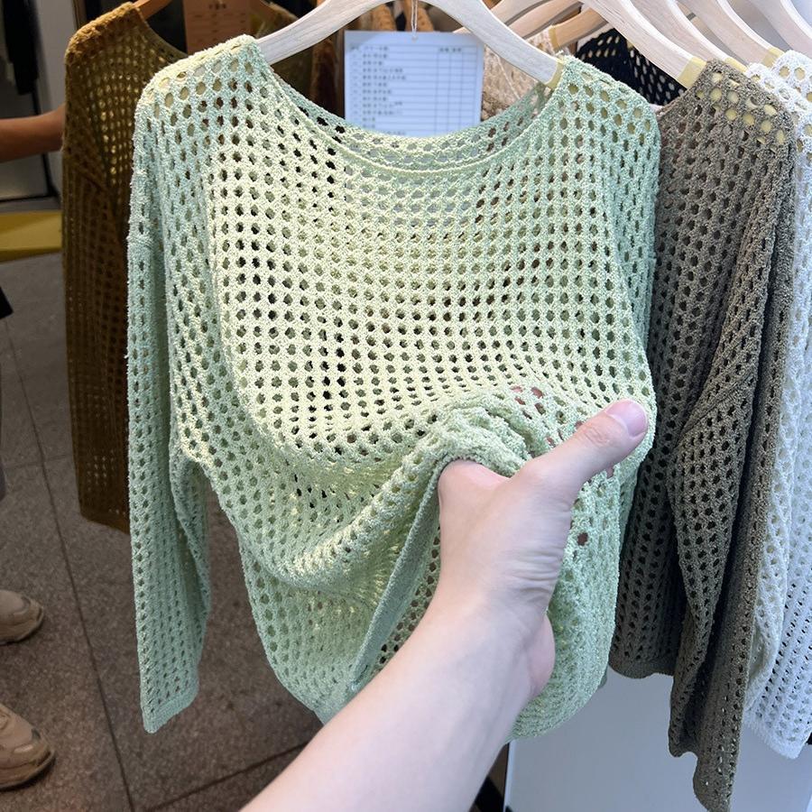 

Однотонная футболка с круглым вырезом, длинными рукавами и ажурной вязкой, женская летняя сексуальная накидка, тонкий топ на бретелях Average size 52-271 зелёный