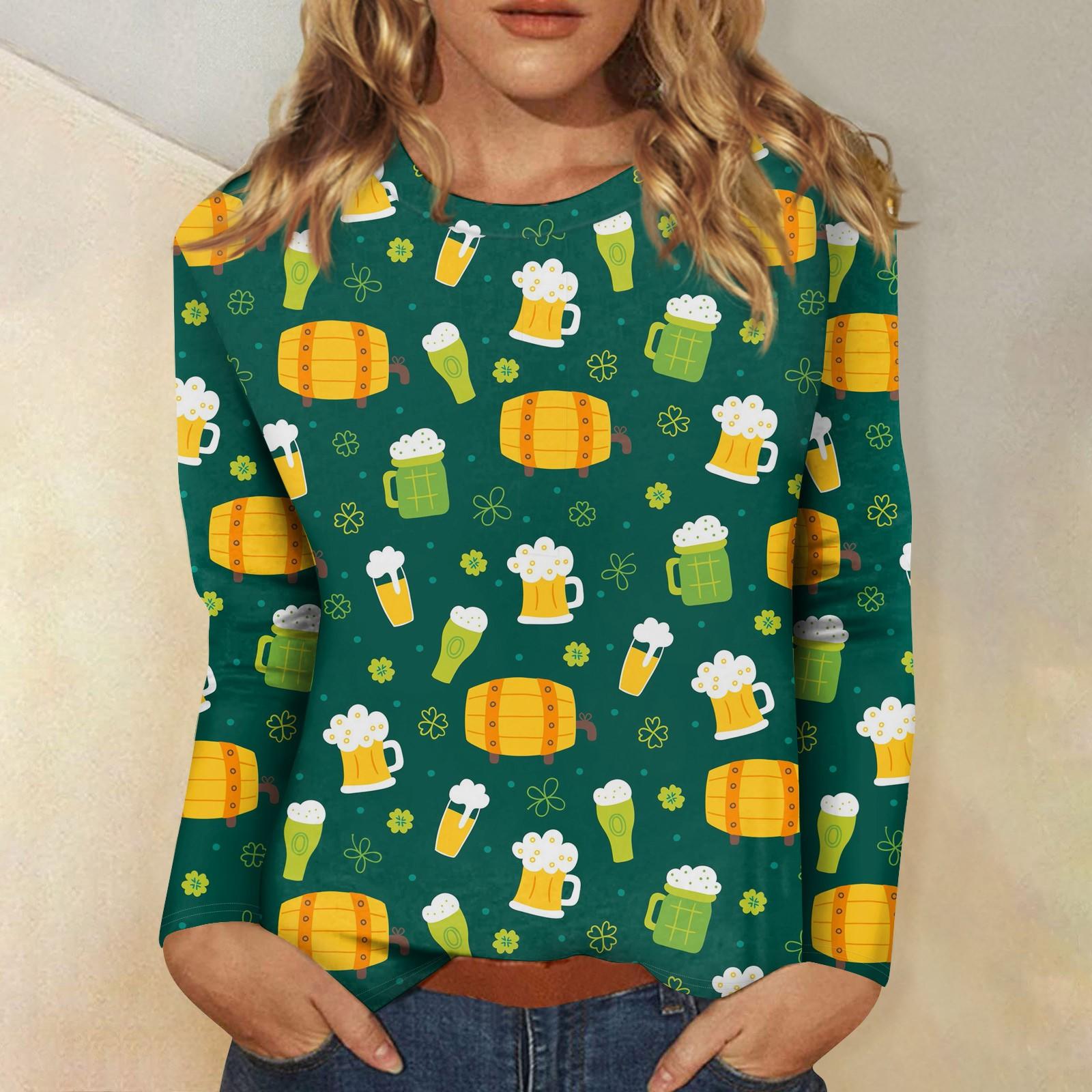 

Жіноча мода повсякденна з довгим рукавом St. Топ-блузка з пуловери з круглим вирізом і принтом до Дня Святого Патрика M помаранчевий