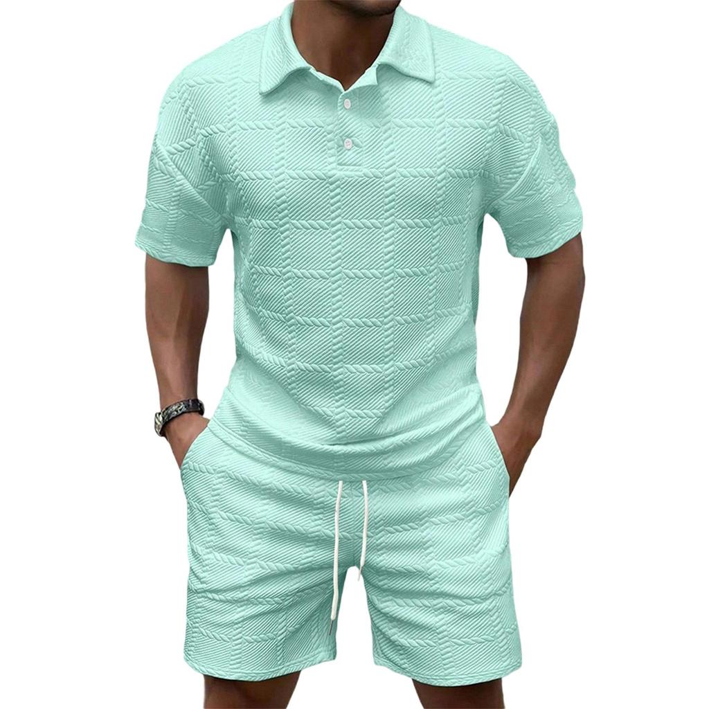 Men'S Solid Color Casual Collar Short Sleeved Shorts Two-Piece Set