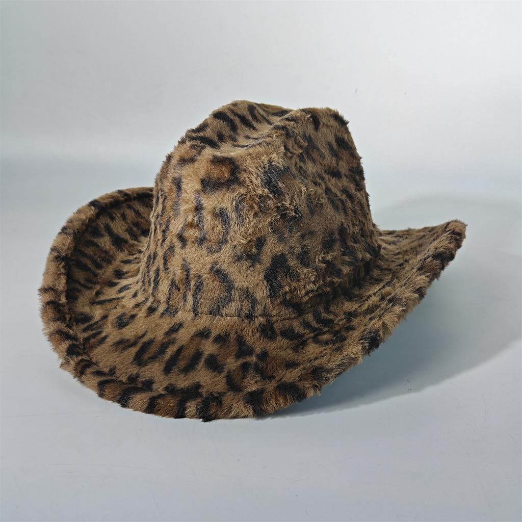 Chapeau de Cowboy en Fourrure de Lapin Imprimé Léopard 7,5 cm Fedora Western Cowboy Chapeau Panama Mode Voyage Fête Chapeau de Cowboy Chaud pour Hommes et Femmes