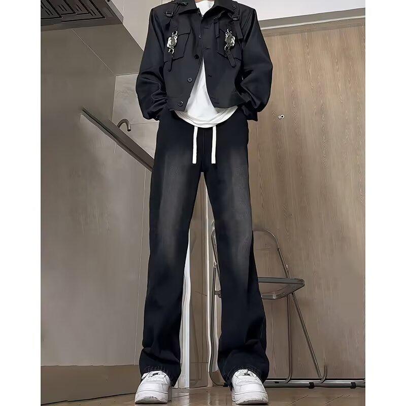 Fleece Straight-leg Loose Jeans Men's Autumn Trendy Brand Versatile Casual Wide-leg Hong Kong Style Mopping Long Pants