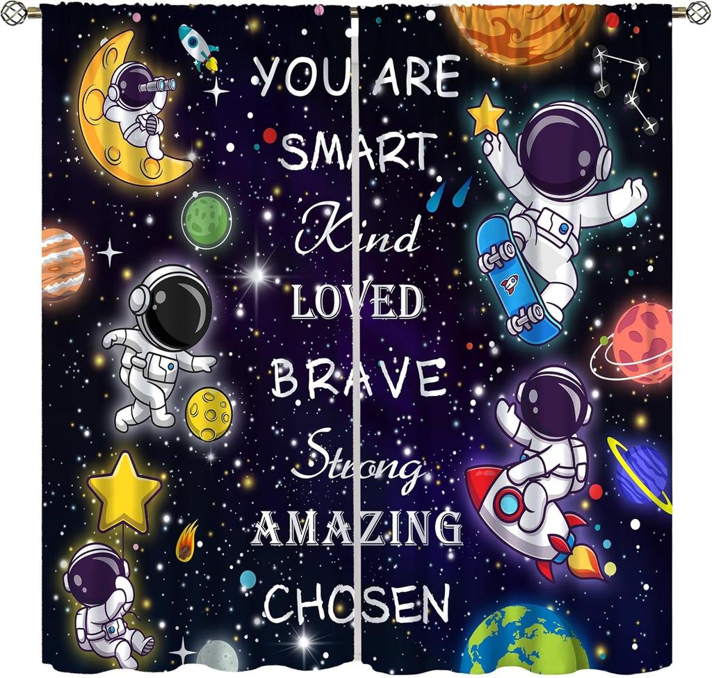 Space Astronaut Curtain,Cartoon Solar System Universe Rocket Spaceship Planet Earth Stars Window Treatments Drapes for Kids Boys