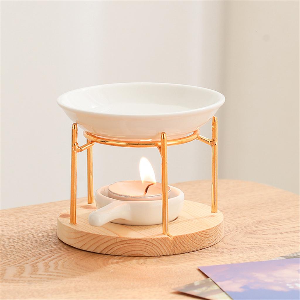 Ceramics Tealight Wax Warmer Essential Oil Burners Heater with Wood Stand Candleholder Aromas Lamp Stove for Meditations
