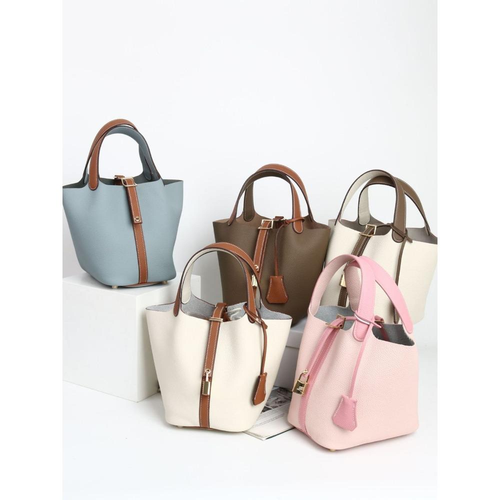 

Togo First Layer Cowhide Spliced Vegetable Basket 2025 New Fashion Soft Cowhide Bucket Bag With Handle And Handbag 13x18x19cm білий/сірий колір