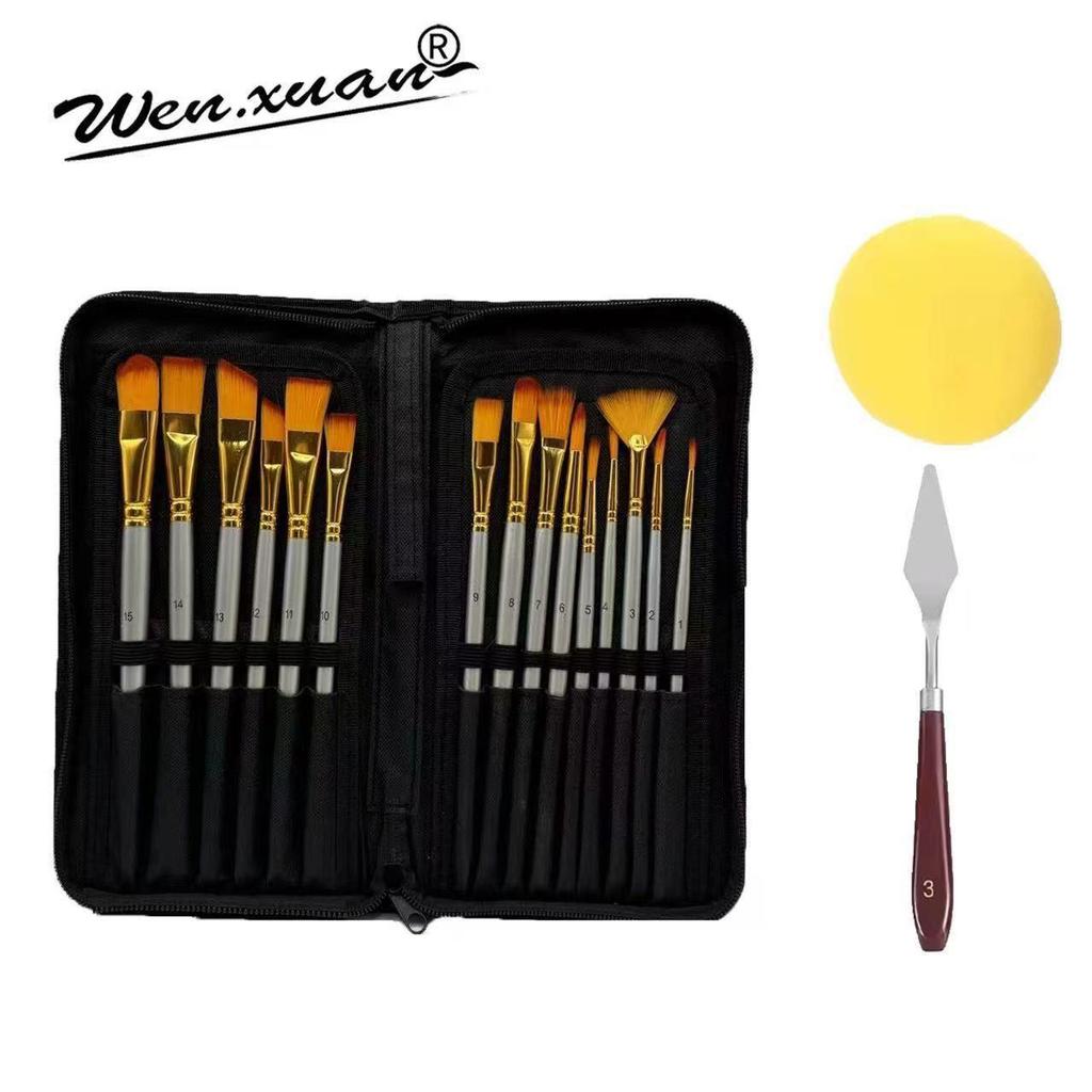 15-Piece Oil Painting Nylon Brush Set with Canvas Bag for Gouache & Watercolor