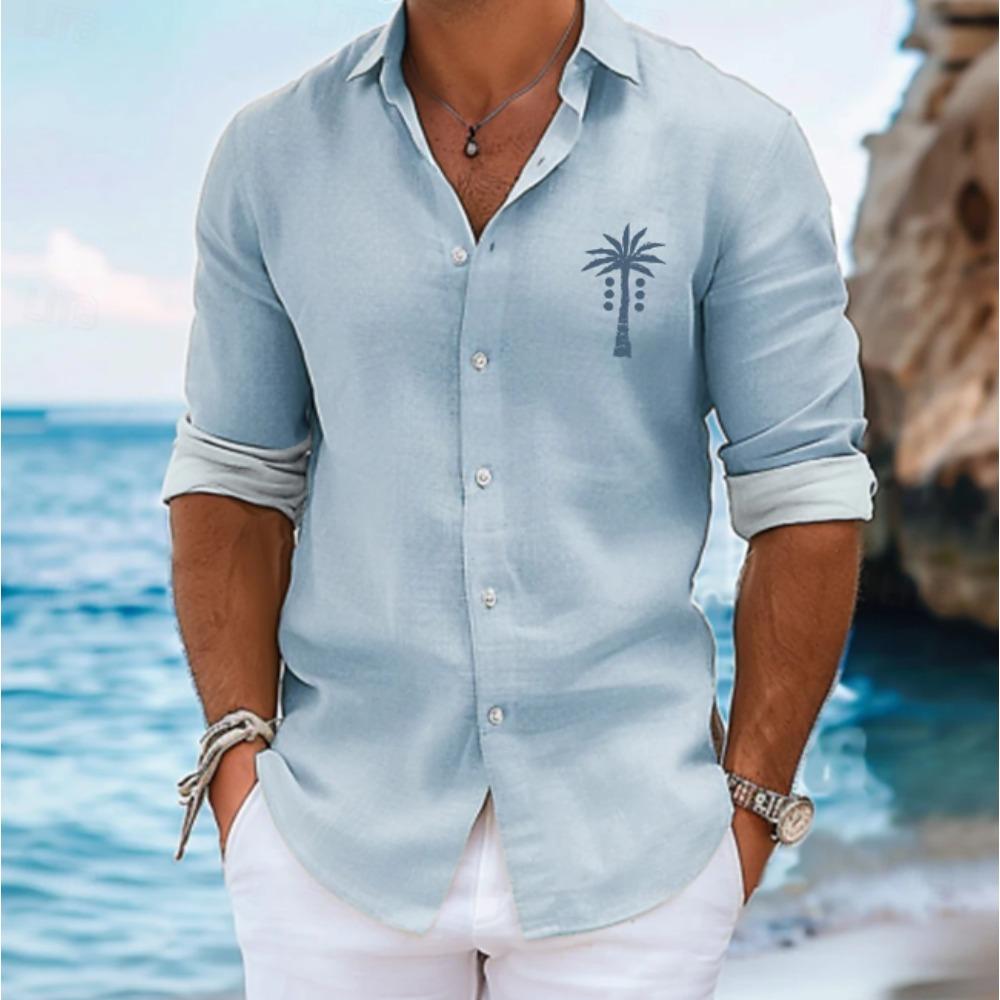 Camicie da uomo a maniche lunghe con stampa di palme, cardigan casual, nuovi bottoni, camicie moda per le vacanze