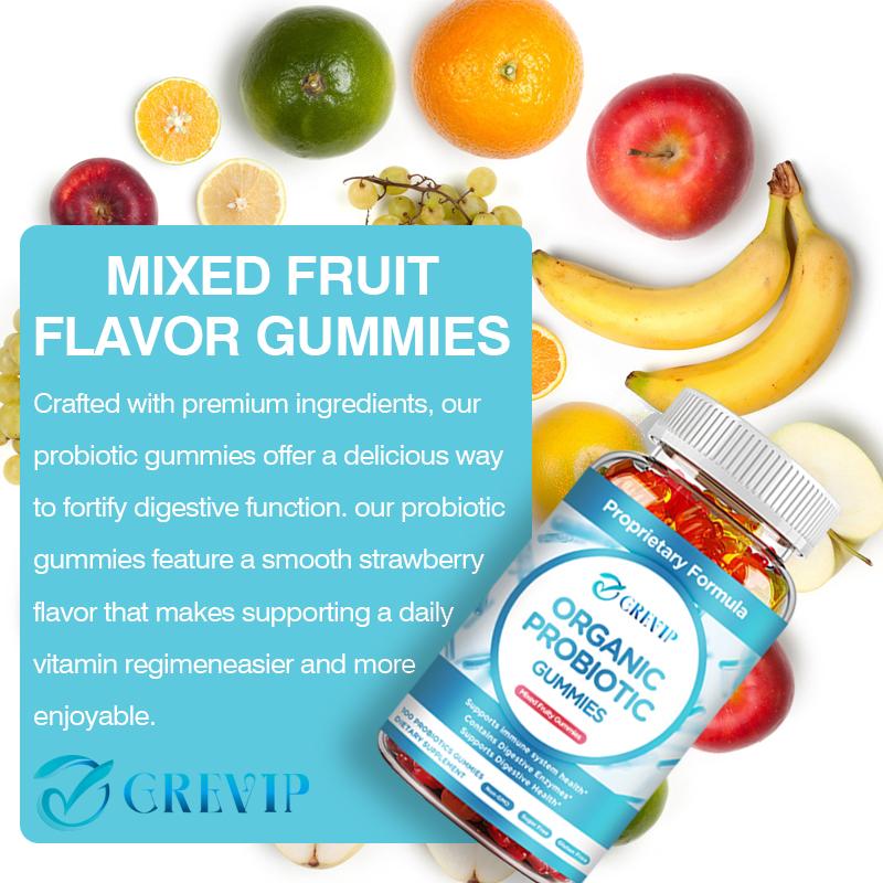 GREVIP probiotic gummies boost immunity, promote digestive health, contain digestive enzymes, and are non-GMO.