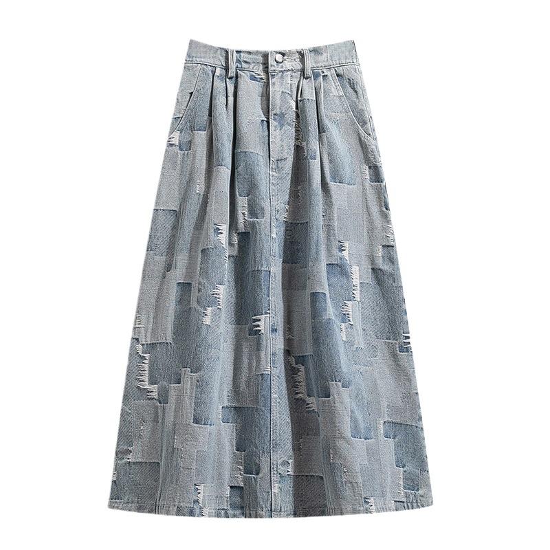 Women's Retro High Waisted Button Fly Flared Long Jean Skirts Pleated Flowy Swing A-line Denim Skirts With Pockets Vintage Denim Midi Skirts for Women