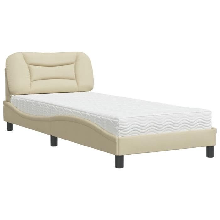 VidaXL Bed with Mattress Cream 90x200 Cm Fabric, Bedroom Furniture, Single Bed, Curved Bed Frame, Slatted Base, Bed 3208511