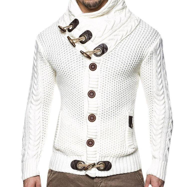 Men s Chunky Knit Cardigan with Cable Pattern and Leather Horn Buttons in Black Brown Dark Gray and White S 2980₽