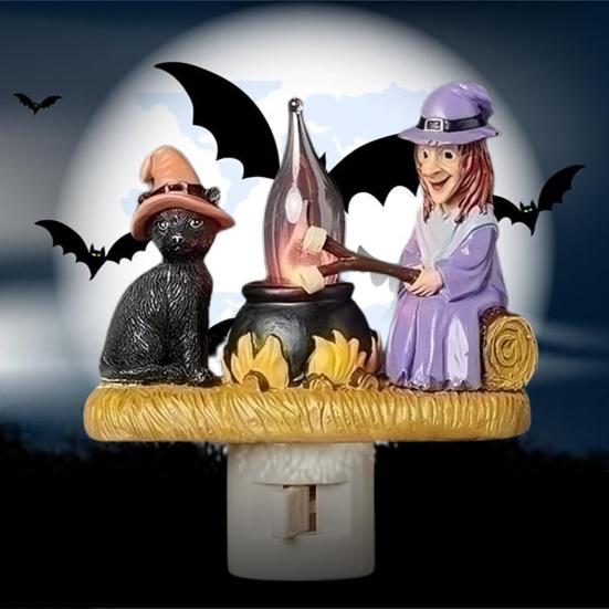 

Ночной светильник на Хэллоуин, 3D фигурка ведьмы и кошки, пламя, костер, дом с привидениями, декор, энергосберегающий светодиод