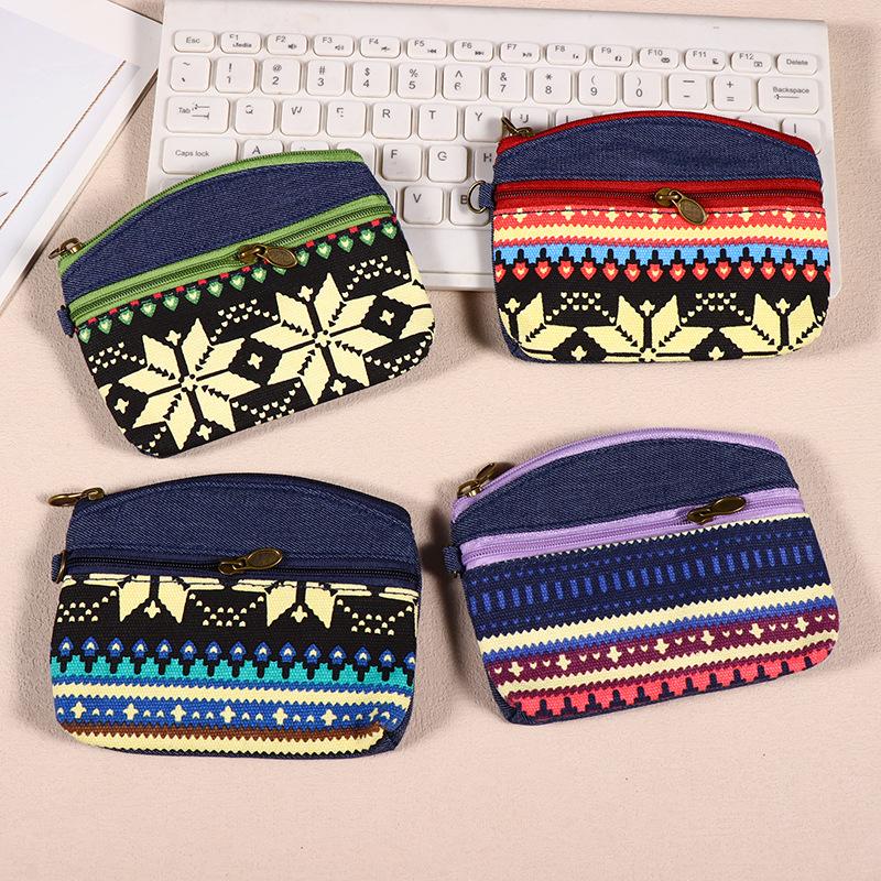 Ethnic Style Handbag  Fabric Money Pouch  Key Bag  Wrist Strap with Two Zippers  Hand-held Bag