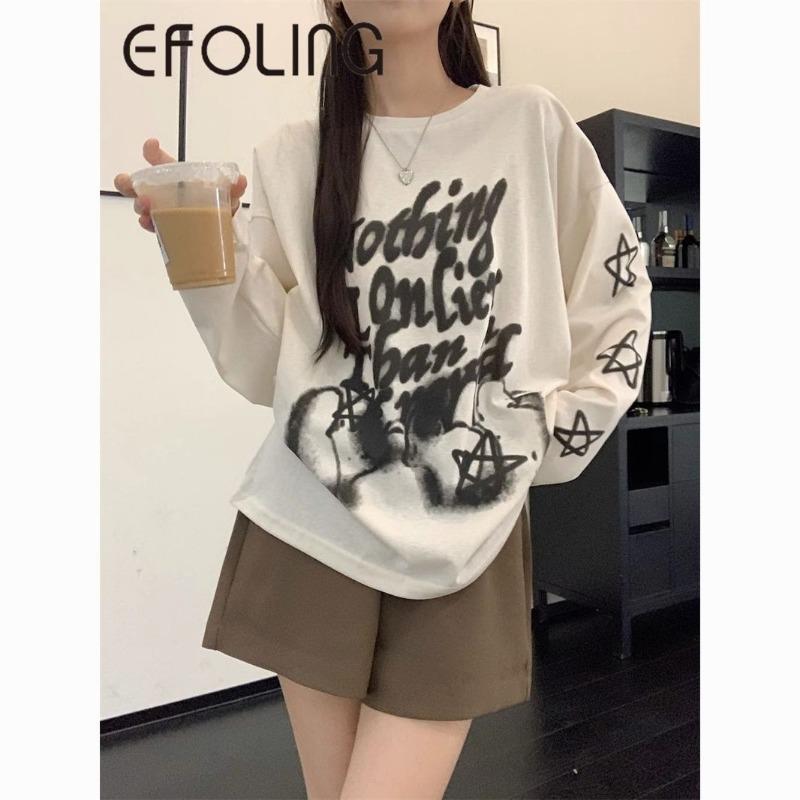 

Pure Cotton American Star Graffiti Letter Printed Long-sleeved T-shirt for Women in Autumn Niche Thin Loose Top XL білий