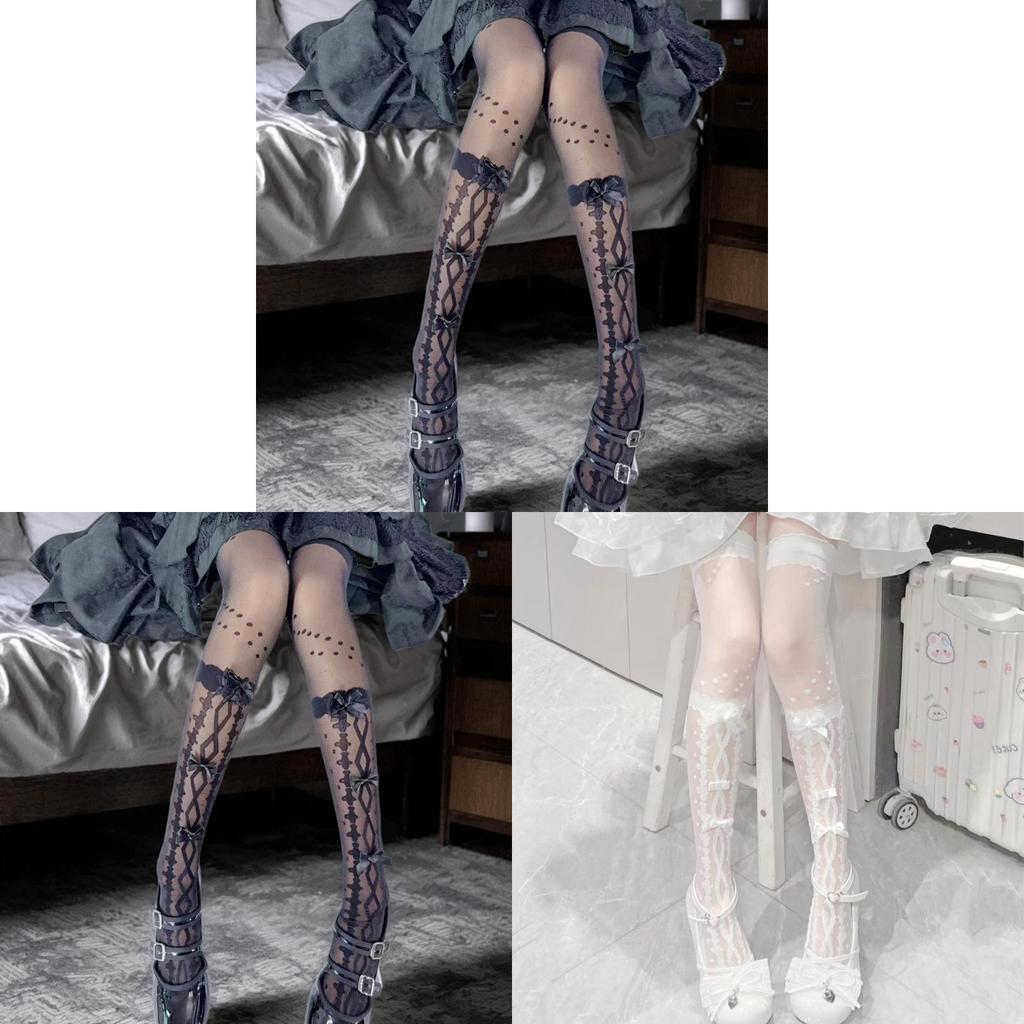 Japanese Lolita Cross Butterfly Bow Stockings With Silk Ties For Women