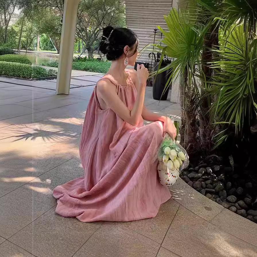 Seaside Vacation Casual Pink Suspender Dress Outfit for Women In Summer New Loose Slim Big Sling Skirt Beach Skirt