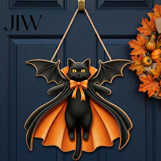 Seasonal Wall Art Black Cat Ghost Door Sign, Halloween Decorative Plaque, Wooden Hanging Scary Signs Vintage Rustic Decor with Jute Rope, Sign