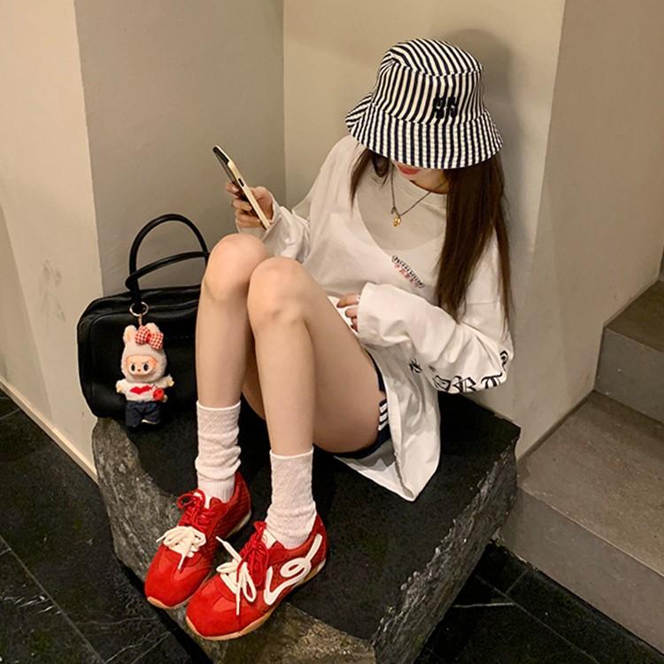 2025 autumn retro contrasting color mandarin duck shoelaces texture casual board shoes women's round head versatile platform German training shoes