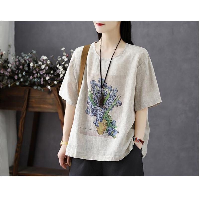 Cotton and Linen T-shirt Women's Short-sleeved Summer New Style Women's Top Loose Retro Printed Large Size