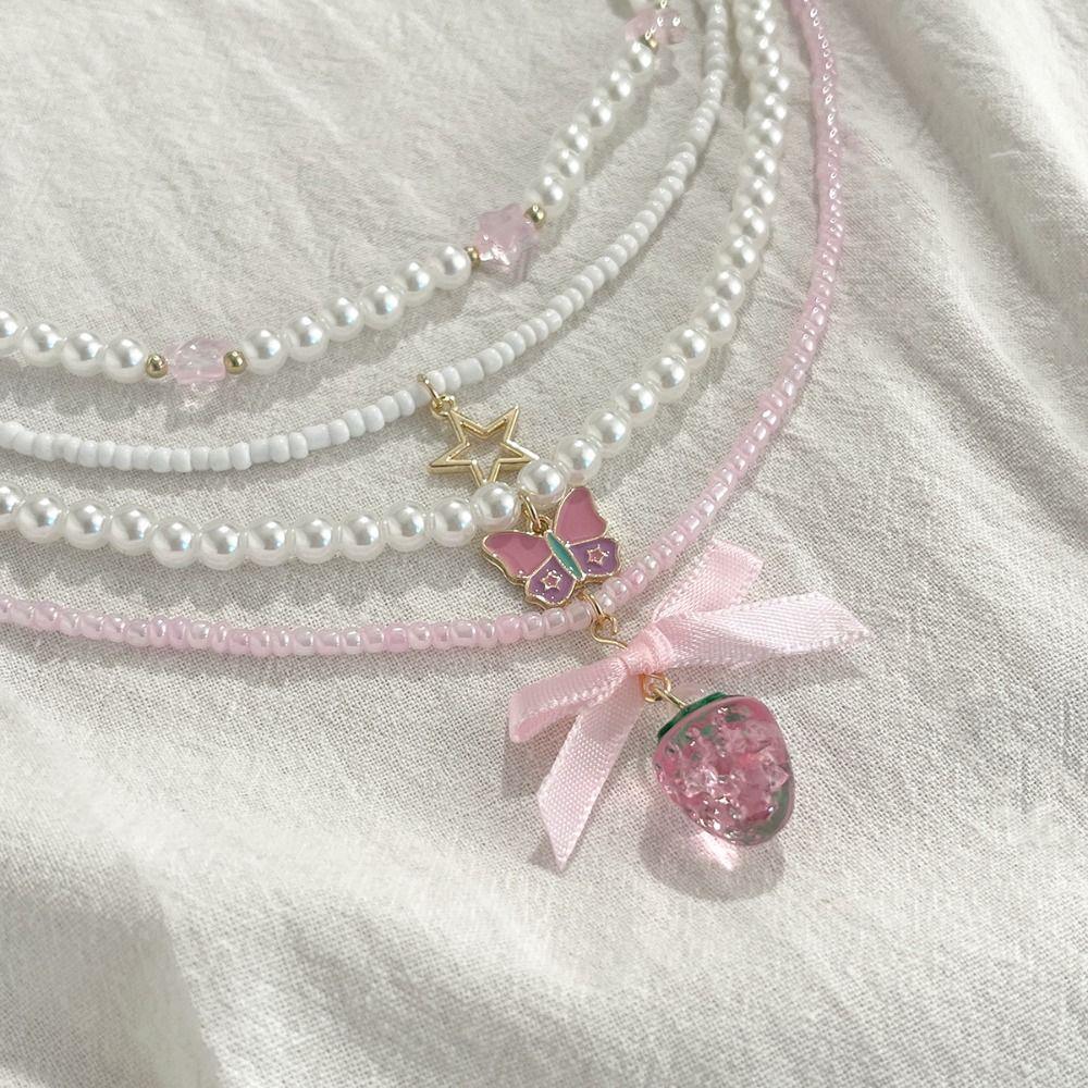 Romantic Multilayer Necklace Strawberry Bowkont Pendant Women Necklace Set  Party