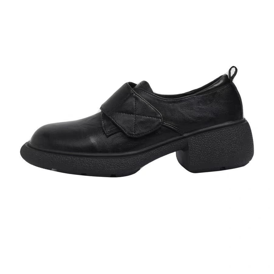 Thick-soled round-headed retro loafers for women in autumn 2025, new Velcro commuting thick-heeled deep-mouth small leather shoes for women