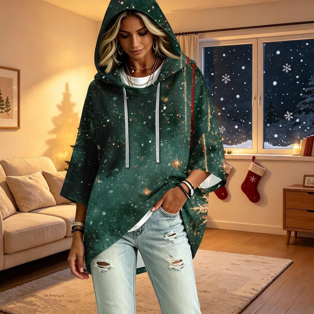 Women's 3/4 Sleeve Christmas Print Hooded Pullover Top Casual Holiday Outfit