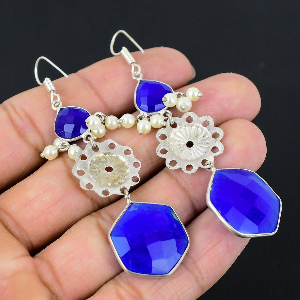 Blue Sapphire Stone New Drop Dangle Wedding Earrings Jewelry 925 Sterling Silver