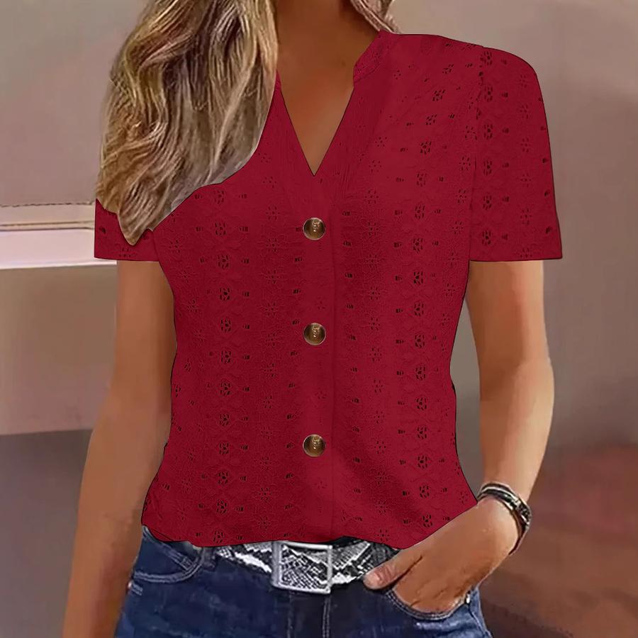 Summer New Women's Fashion Casual Solid Color Button V-Neck Short Sleeve T-Shirt