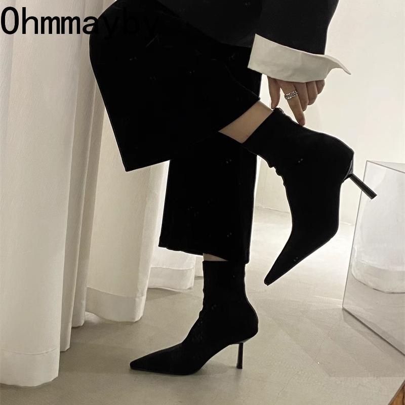 Autumn High Heel Stretch Slim Women Ankle Boots Autumn Ladies Elegant Pointed Toe Short Botas  De Mujer