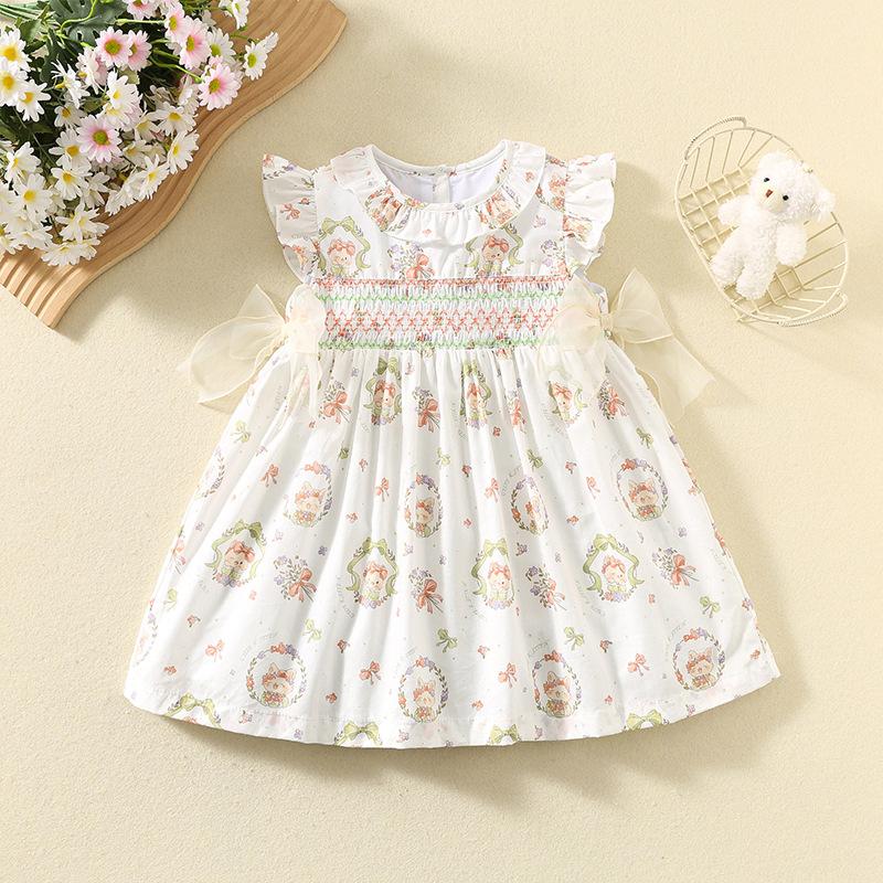 Summer Girls Cotton Printed Smocked Dress Cute Thin Princess Casual Dress For Toddler And Kids 80cm