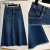Elegant Fashion Autumn Spring Women A-Line Midi Skirt High Waist Dark Blue Tassel Skirt Office Lady Plus Size Feminine Skirt