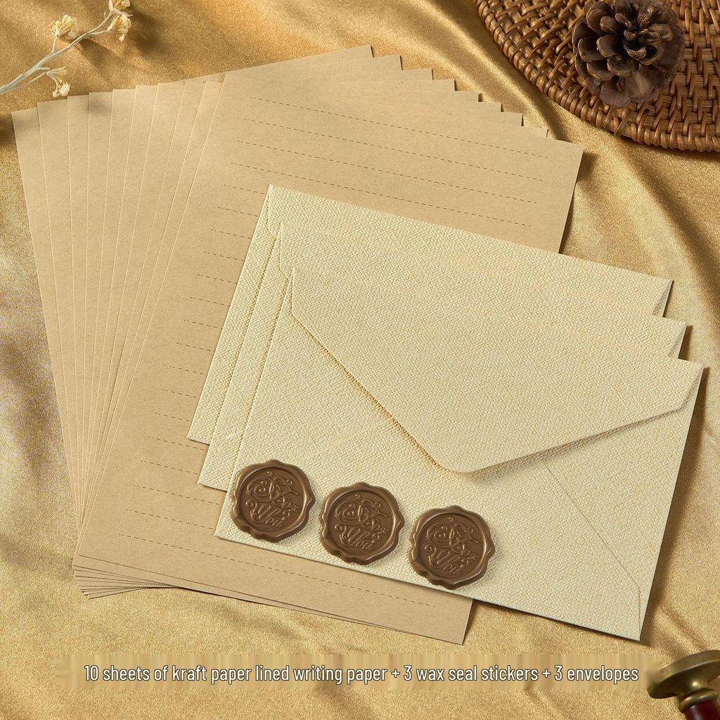 Chinese Style Retro Hemp Envelope & Stationery Set with Kraft Paper and Sealing Wax