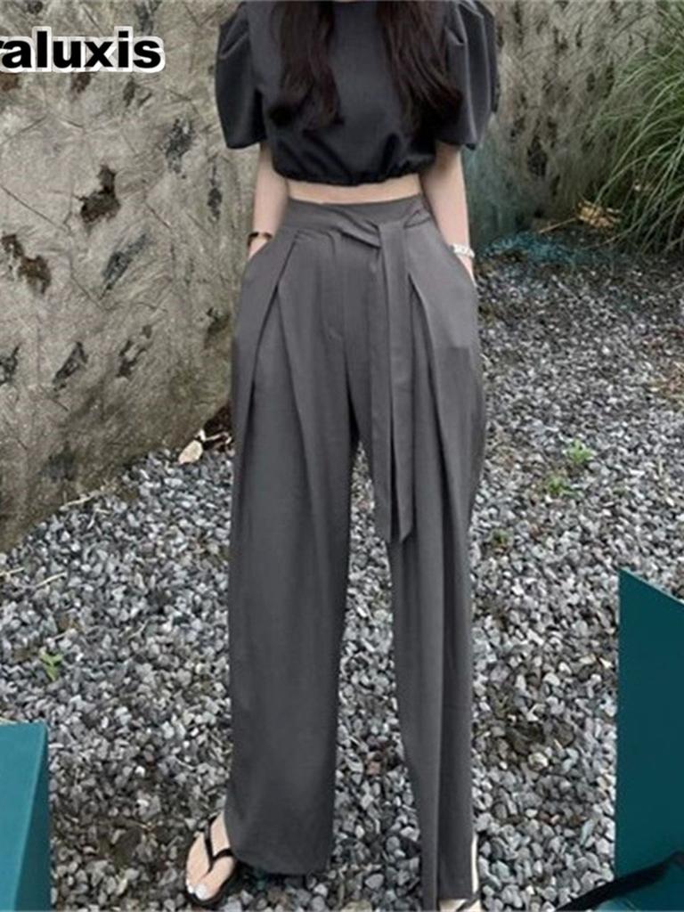 Women's Autumn Casual Pants Korean Style Wide Leg Trousers Gray Formal Workwear