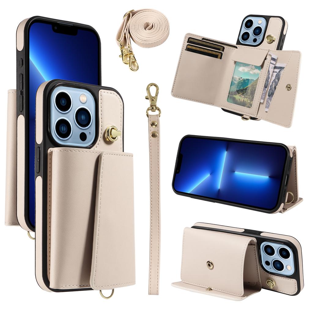 For iPhone 13 Pro Crossbody Phone Case Card Holder Kickstand Leather Coated TPU Mobile Cover