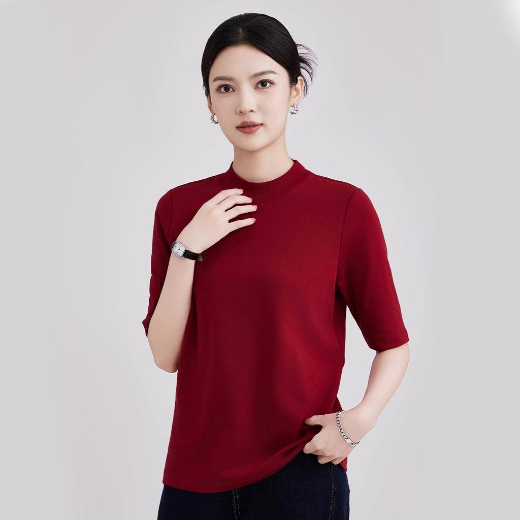High-End Women's Ribbed Crew Neck Mid-Sleeve T-Shirt