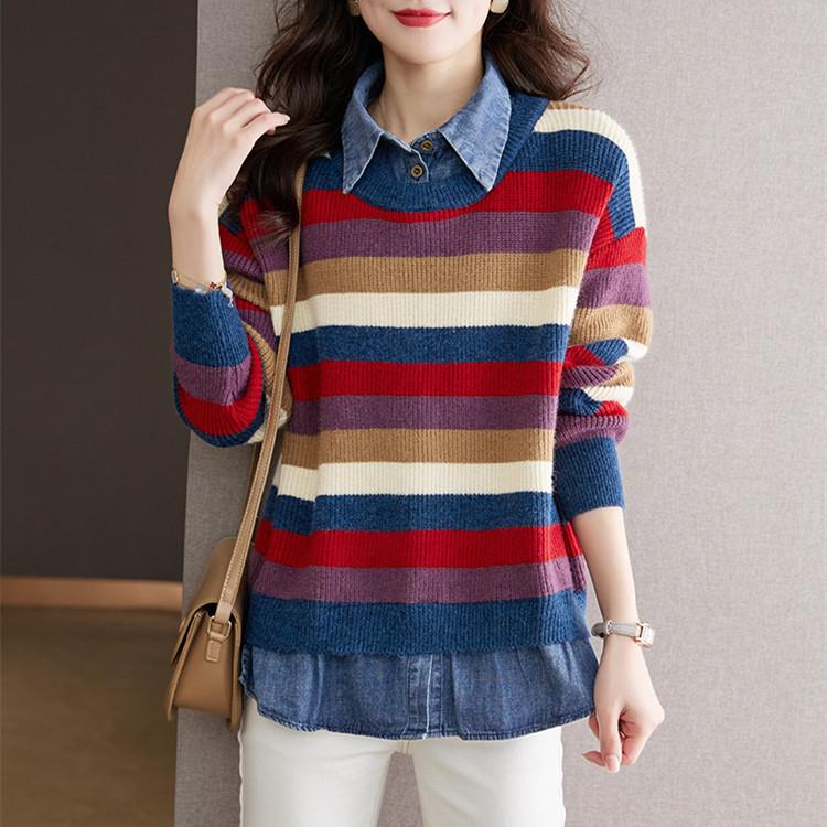 

Поддельные свитера из двух частей, ковбойская рубашка, трикотажный свитер с лацканами в стиле пэчворк для осени и зимы, корейский женский пуловер, тренд One Size (45-65kg)