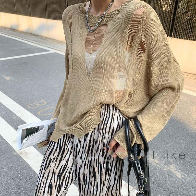 Y2K Schwarz Eis Seide Hohl Dünnen Pullover Damen Langarm Sonnenschutz Top Neue Sexy Lose Kintwear Ripped Bluse Punk stil Pullover