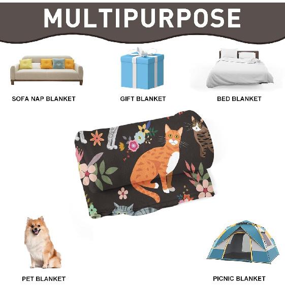 Cats Blanket Cat Present Soft Flannel Lightweight Cats and Flowers Throw Blanket for Kids Girls Boys All Season Cartoon Animals Blankets for Sofa