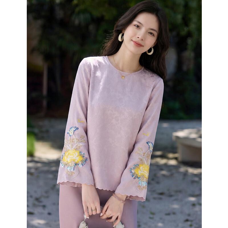 Elegantes chinesisches Stil-T-Shirt mit Perlenstickerei für Damen