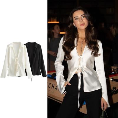 Women's Europe and United Fashion Bow Decorated Satin Texture Shirt Collared Long Sleeve Slim Tie Solid Shirt Elegant Sexy Breathable Thin Silk Shirt