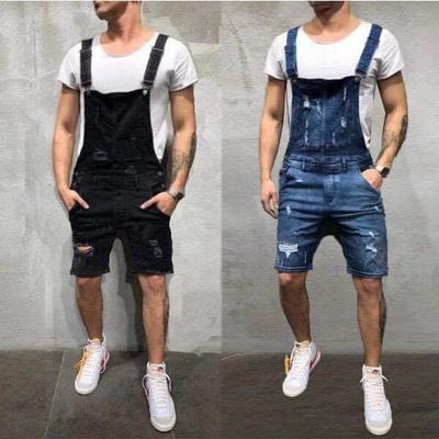 European & American Style Men's Slim Fit Ripped Denim Overalls, High-Waisted Work Shorts