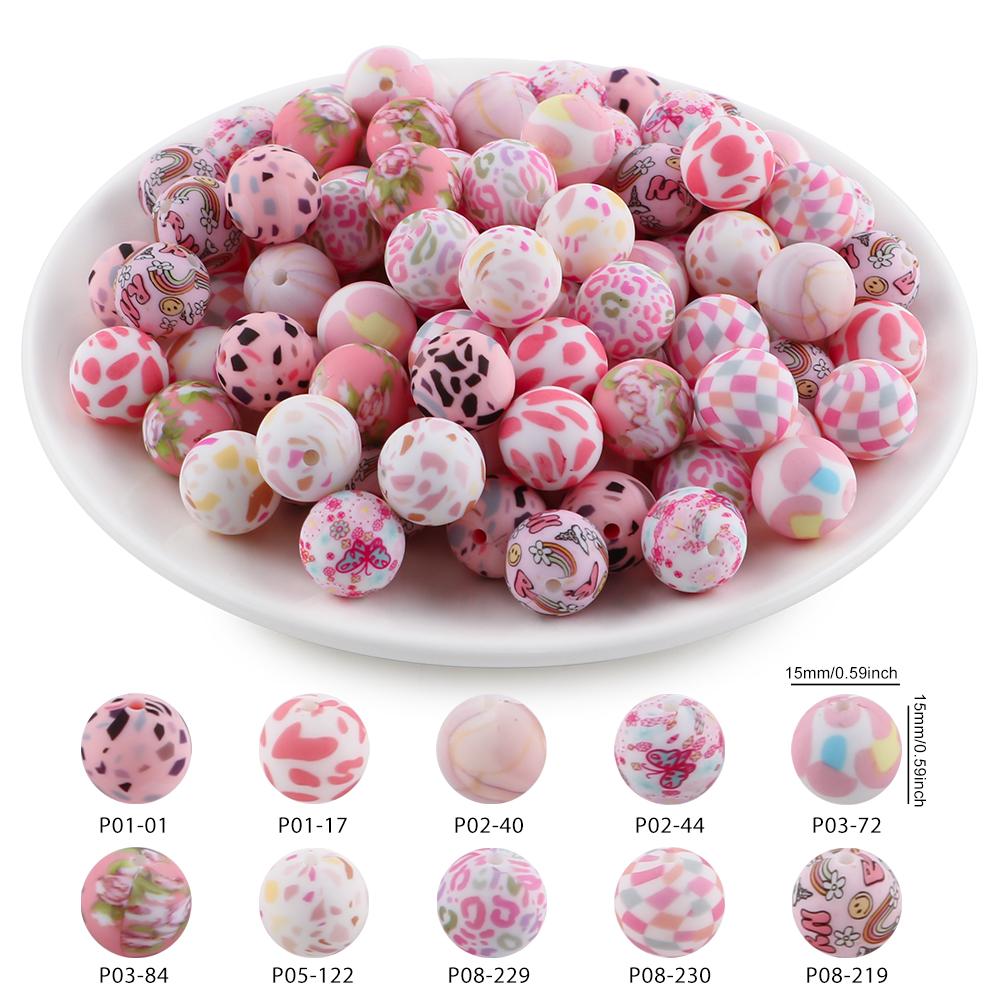 20Pcs/Bag 15MM Printed Silicone Beads Mixed For DIY Jewelry, Bracelets, Keychains, Etc