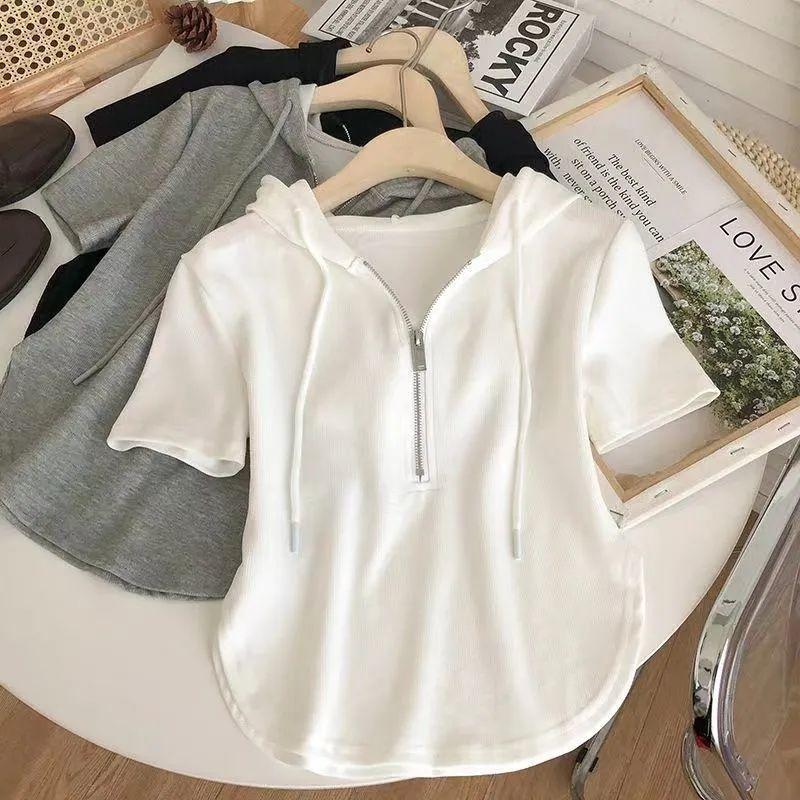 

Летняя Новинка Чистая и Похотливая Короткая Горячие Девушки Женская Одежда Однотонная Толстовка с Капюшоном на Шнурке на Молнии Белая Футболка с Коротким Рукавом Топ L белый