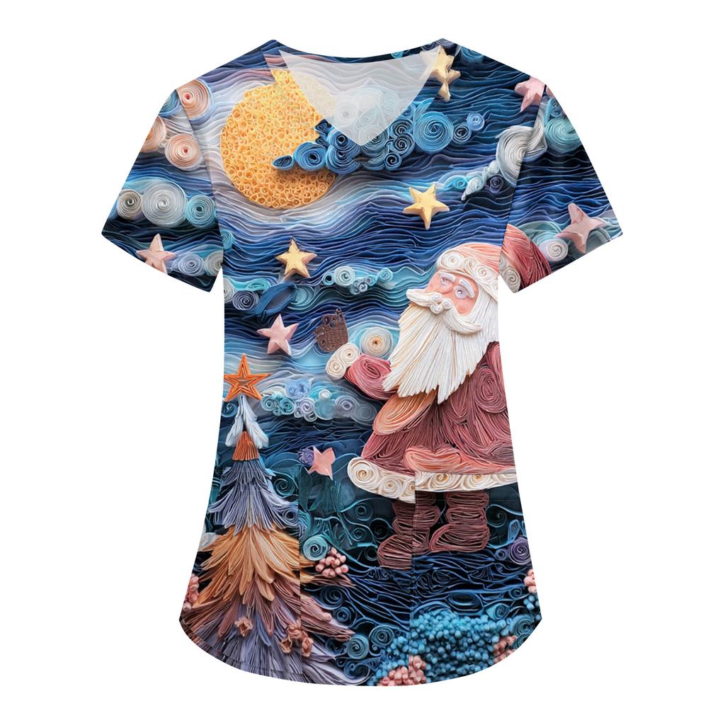 Women's Fashion V-Neck Short Sleeve Overalls With Pockets Christmas Printed Tops  Clothes
