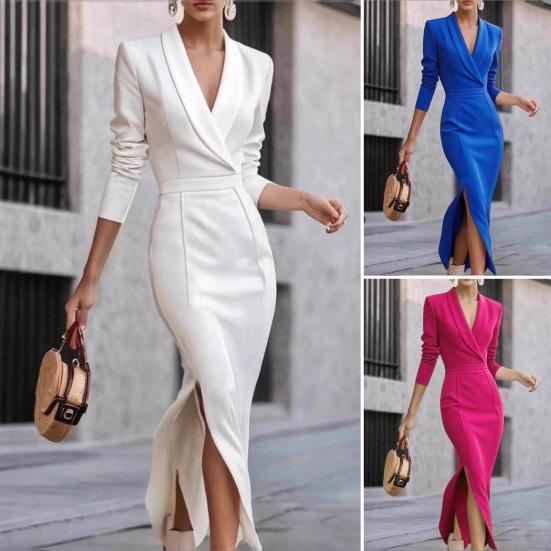 Dámské midi bodycon pouzdrové šaty klopa výstřih do V 3/4 rukáv kancelářské business formální koktejlové pracovní rozparek tužkové šaty