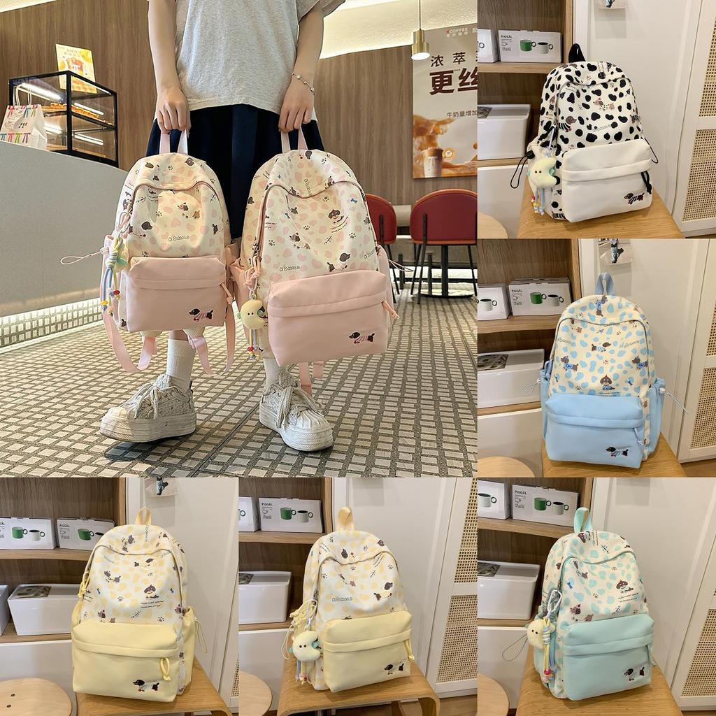 Adorable Dog Print College Backpack With Durable Nylon And Geometric Pattern For Students