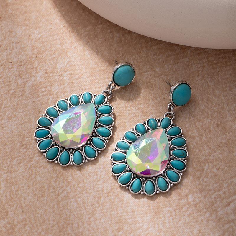 

Diamond Turquoise Earrings Retro Western Ethnic Style Alloy Exaggerated Water Drop Earrings Bohemian Earrings