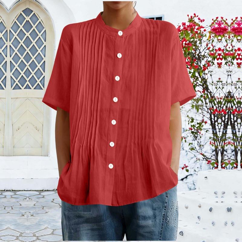 Damen Hellblau Plissierte Bluse Lässig Stehkragen Kurzarm Knopfleiste Einfarbiges Oberteil