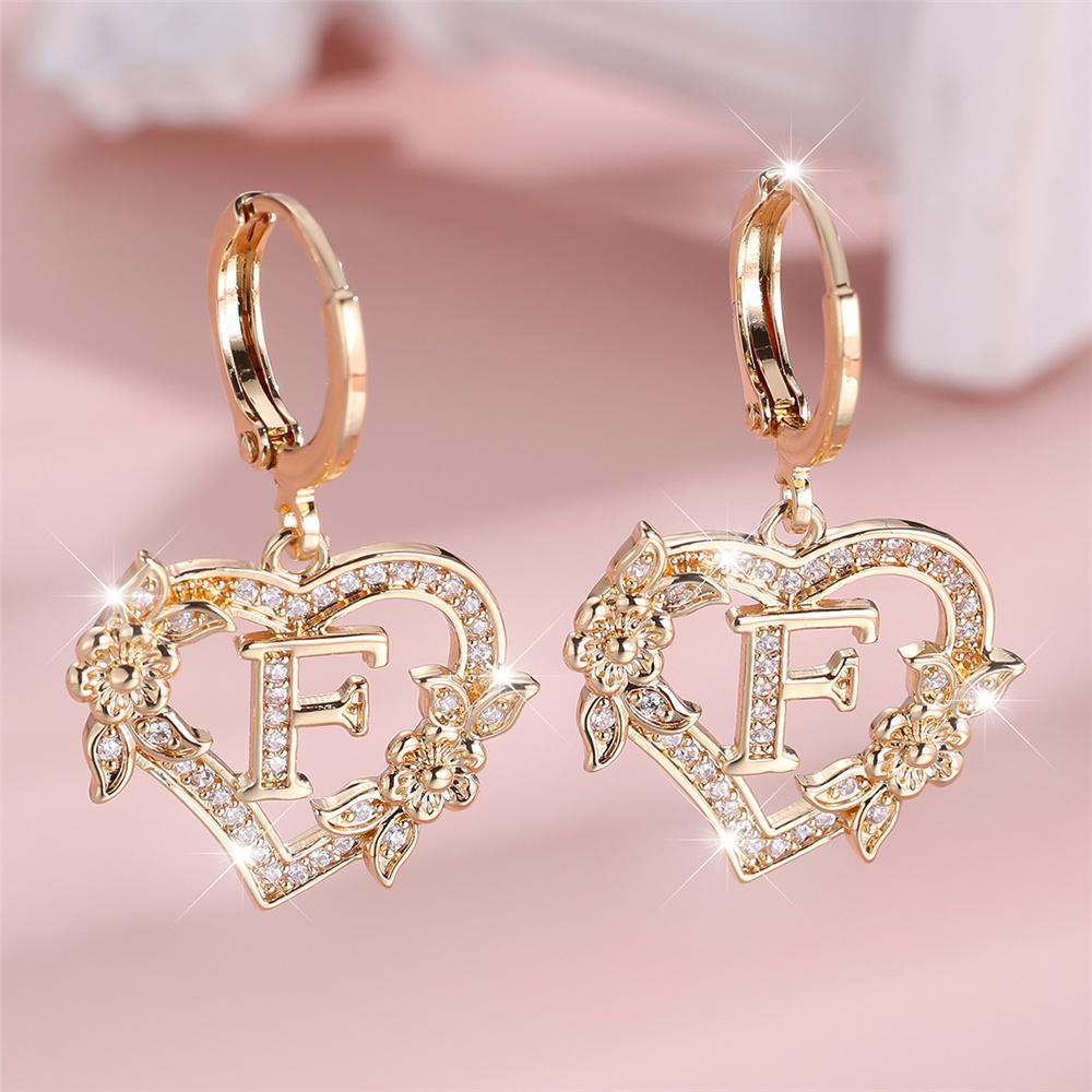 Vintage Hollow Love Heart Flower A-Z 26 Letters Hoop Earrings Yellow Gold Color White Zircon Earring Wedding Jewelry For Women