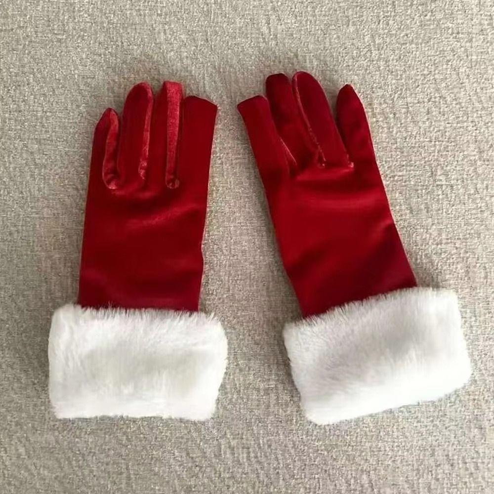 Red Velvet Christmas Gloves Warm Full Finger Gloves Fashion Santa Claus Gloves  Evening Party