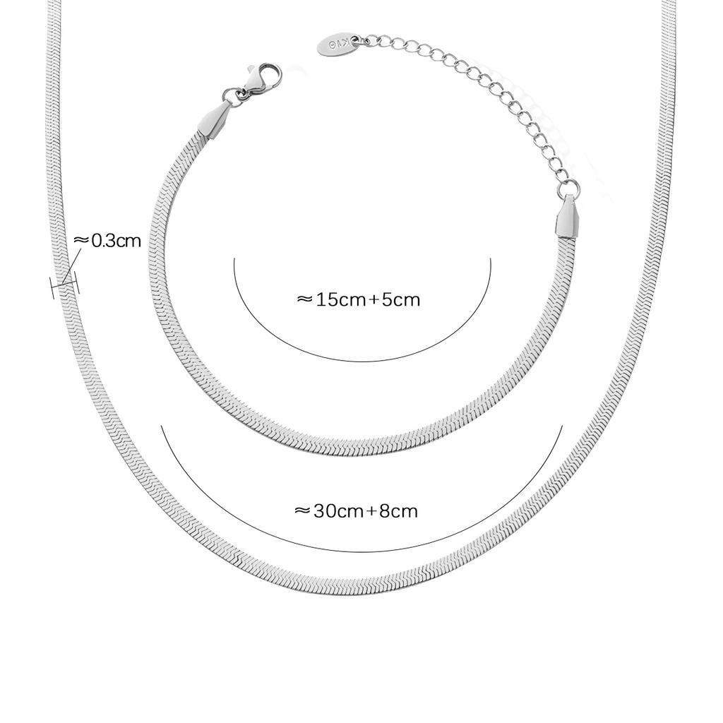 Flat Snake Chain Necklaces Matching Bracelets In 18k Gold Plated Stainless Steel Herringbone Chains Necklace Bracelet  For Women